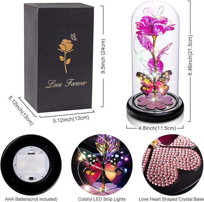 Valentines Day Rose Gifts for Her Women Birthday Gift Galaxy Glass Rose in Glass Dome Forever Eternal Crystal Flowers with Butterfly Valentines Day Gifts for Women Daughter Mom Wife Girlfriend Pink