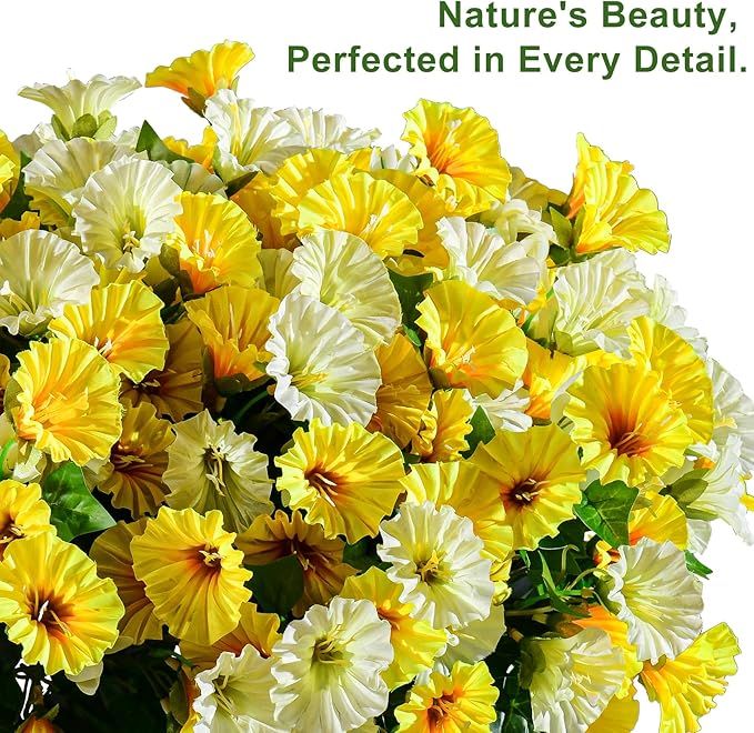 Artificial Morning Glory Flowers Plants for Outdoor 8 Pcs Faux Silk Petunias Flower Realistic Faux Flowers Plants for Outside Planter Porch Yard Patio Balcony Home Indoor Decor (8 Pcs Yellow+White)