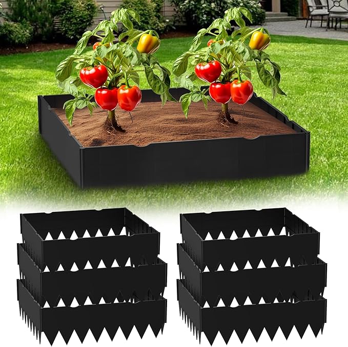Riokko Planting Grow Rings, Garden Landscape Edging Border Ring, Square 16 Inch, Perfect for Deep Watering Veggies Herbs & Flowers, Protection and Edging of Garden Plants, Pack of 6, Black