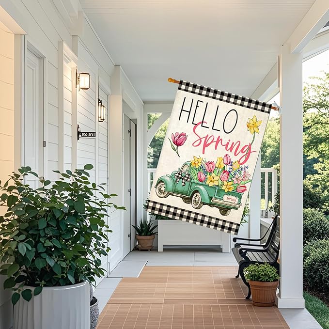 Hello Spring House Flags for Outdoor Decoration, Buffalo Plaid Truck with Flowers Large Yard Flag, Seasonal Decorative Celebration Decor for Farmhouse Holiday Outside 28x40 Inch Vertical