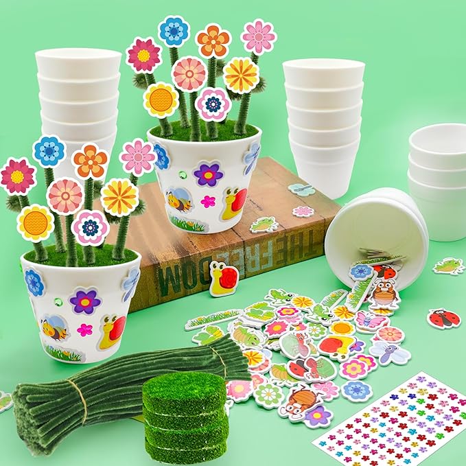 Cinrobiye 24 Set Garden Plastic Pot Craft Kit，DIY Flower Plant Crafts with Adhesive Foam Stickers, Pipe Cleaners, Flower Growing Kit for Spring & Summer, Home & School Creative Art Project Activities