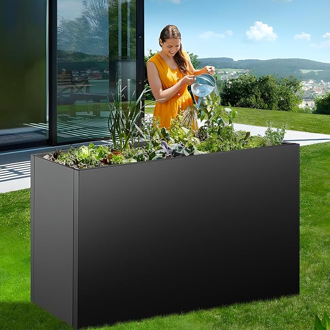 Meyoppm Metal Planter Box 40"x16"x24", Rectangular Steel Planter Box Frost Proof Rust Resistant Indoor&Outdoor, Heavy Duty Steel Planters for Commercial and Residential Use, Black
