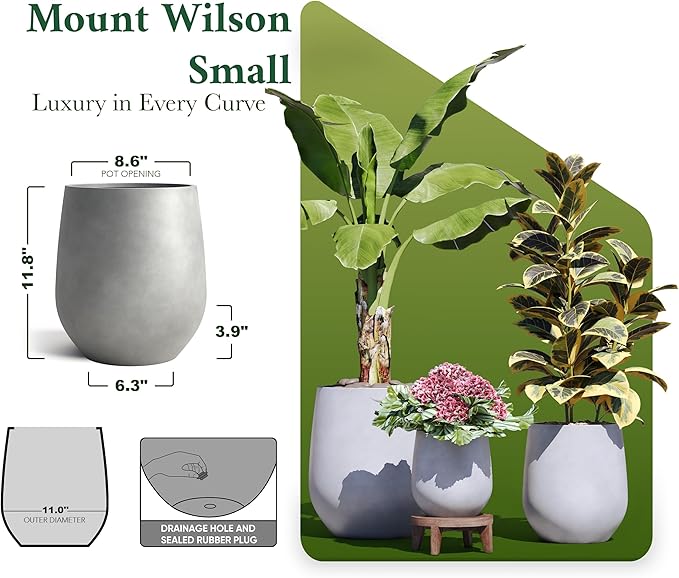 DTY Signature Mount Wilson 11''D x 11.8''H Modern Indoor Outdoor Fiberstone Tapered Planter, Lightweight, Weather Resistant Garden Pot with Drainage Hole & Rubber Plug - Gray, Small