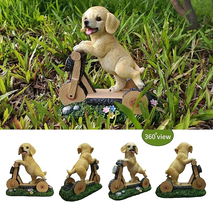 Solar Garden Statue LED Outdoor Garden Decor Funny Animal Sculpture for Yard Patio Lawn Weatherproof Resin Birthday Art Gift（Dog on Bicycle）