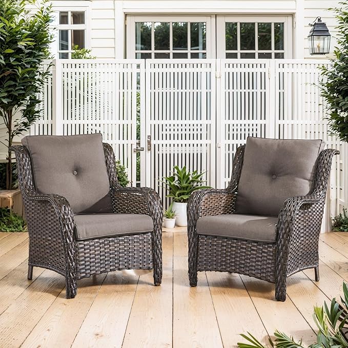 Belord High Back Patio Chairs Set of 2 - Brown Wicker Chairs Outdoor Seating, 4" Wide Armrests Rattan Outdoor Club Chair with Grey Removable Cushion for Deck Porch Backyard