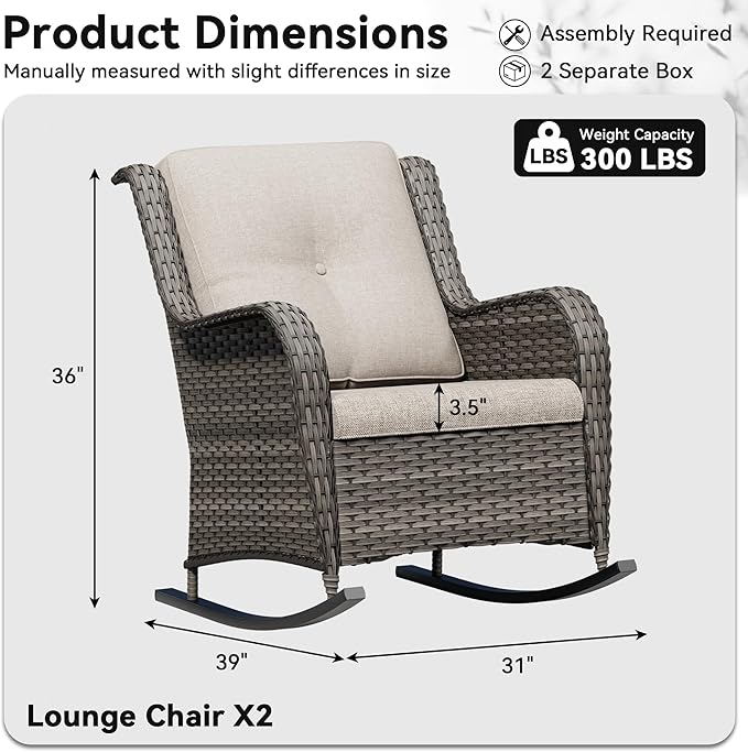 Patio Rocking Chairs Set of 2, Outdoor Wicker Patio Furniture Set 2 Pieces with Thickened Olefin Cushions, High Back and Deep Seating, Hand-Woven PE Rattan for Porch, Deck, Beige