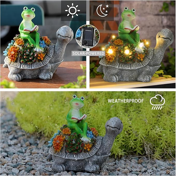 Solar Garden Outdoor Statues Turtle Back Frog Reading with Succulent and 6 LED Lights - Lawn Decor Tortoise Statue for Patio, Balcony, Yard Ornament - Unique Housewarming Gifts