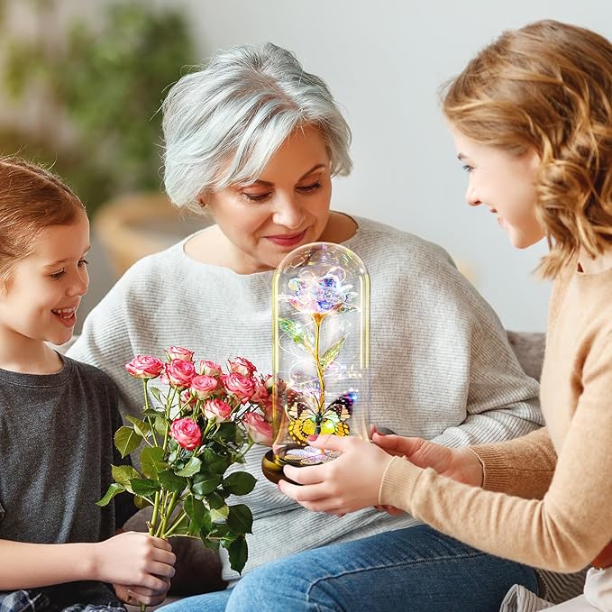 Valentines Day Rose Gifts for Her Birthday Gift for Women Galaxy Glass Rose in Glass Dome Forever Eternal Crystal Roses with Butterfly Valentines Day Gifts for Daughter Mom Wife Girlfriend Colorful