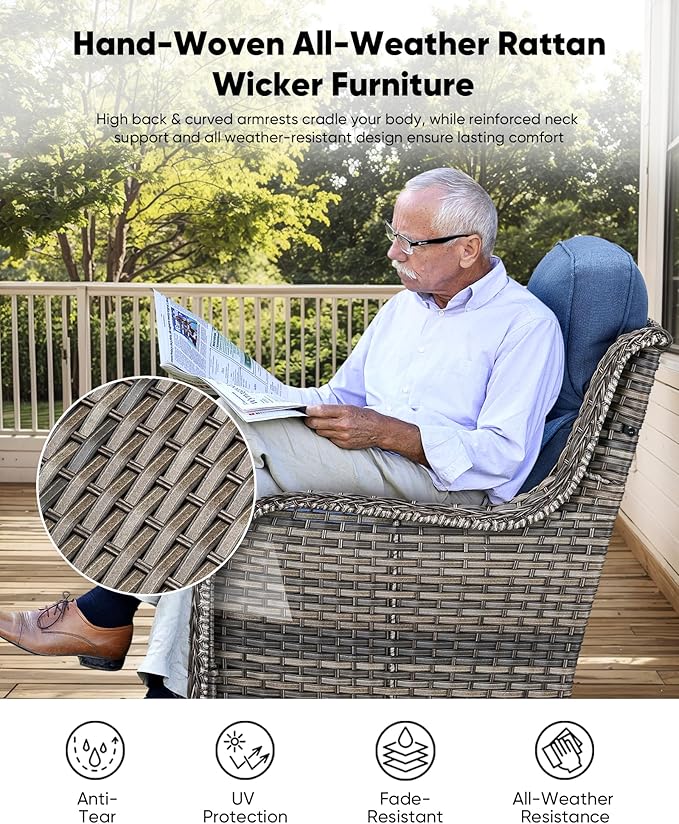 HUMMUH Wicker Patio Furniture Set with Patio Swivel Chairs Set of 4 and 50,000 BTU Fire Pit Table,6 Inch Thick Cushions High Back Outdoor Swivel Rocker Chairs Set for Porch, Balcony, Deck