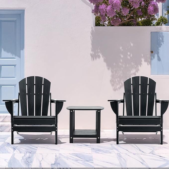 4 Chairs & 2 Tables Folding Adirondack Chair Set with Table – HDPE Weatherproof Outdoor Patio Chairs with Reclining Back and Cup Holders, 2-Tier Storage End Tables for Firepit Garden(Black)