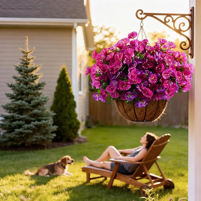 Artificial Morning Glory Flowers Plants for Outdoor 8 Pcs Faux Silk Petunias Flower Realistic Faux Flowers Plants for Outside Planter Porch Yard Patio Balcony Home Indoor Decor (8 Pcs Fuchsia+Purple)