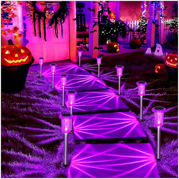 DenicMic Halloween Solar Lights Outdoor 15 Pack Waterproof Purple LED Stainless Steel Stake Outside Lights for Yard Pathway Garden Driveway Walkway Landscape Path Halloween Decorations Outdoor