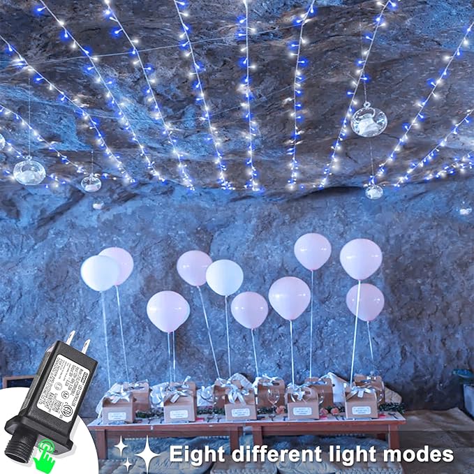 120 LED Blue White Christmas Lights Outdoor, 40ft Clear Wire Christmas Tree Lights 8 Modes, Plug in Waterproof Twinkle Fairy Lights for Indoor Christmas Bedroom Tree Decorations