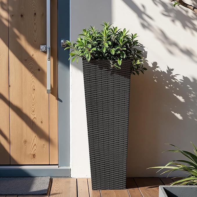 Flamaker Resin Rattan-Design Planters Set of 2, 32'' Tall Flowerpot with Additional Pot for Soil, Durable Weather-Resistant Planter with Drainage Holes for Garden, Patio, Backyard (Black, Large)