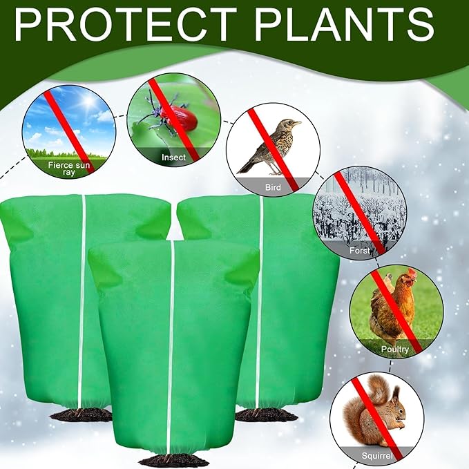EYNDYN 4 Pcs Plant Covers Frost Protection Bag 71" x 47" Winter Reusable Plants Jacket with Drawstring Shrub Protection Wraps Bags Frost Blanket for Winter Outdoor Garden Plants