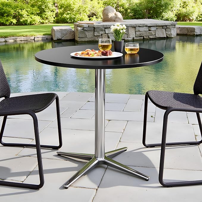PHI VILLA Outdoor Patio Bistro Table, 30" Round Metal Pedestal Small Dining Table for 2-4, All-Weather Modern Table for Outside Deck, Yard, Porch, Balcony - Black