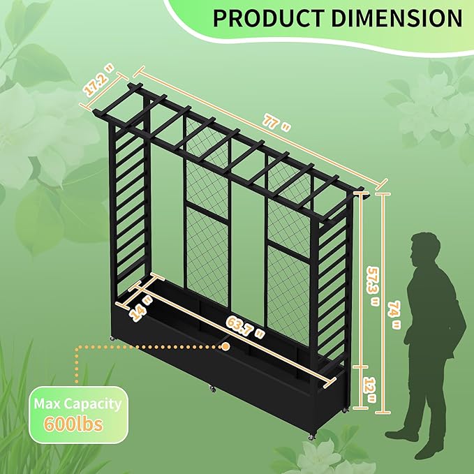 Raised Garden Bed with Trellis & Hanging Roof, Weatherproof Metal Planter Box with Wheels, Garden Arch Trellis for Outdoor Climbing Plants Vines Flowers, 74" H x 77" L x 17" W, Black