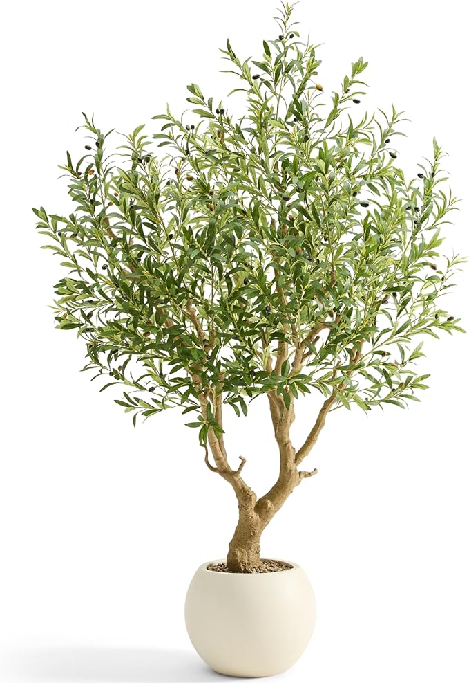 7.5 FT Large Luxury Artificial Olive Tree, Tall Faux Olive Tree with White Pot, Extra Lush Stereoscopic Shape, 5 Minutes Easy Set-up, Realistic Trunks and Lifelike Leaves & Fruits, Home Office Décor