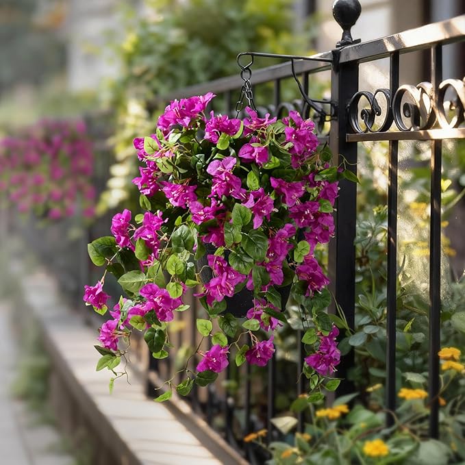 Bougainvillea Artificial Hanging Flowers for Outdoor 3 Pcs Faux Bougainvillea Flowers Fake Hanging Plants Silk Flowers Long Trailing Vines for Front Door Porch Planter Patio Balcony (Dark Purple)