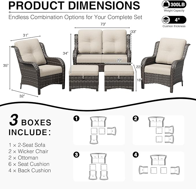 Joyside 5 Piece Wicker Patio Furniture Set, Rattan Patio Chairs with High Back, Deep Seating, Wide Armrest, Thickened Cushions, Outdoor Furniture for Deck, Porch Use