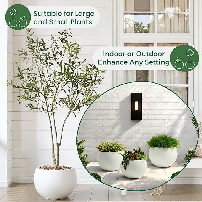 FloraFairy Fiberstone Sphere Planter, 19.3" Dia x 13" H Large Flower Pot with Drainage Hole and Silicone Plug, Round Plant Container for Indoor or Outdoor, 15" Opening, Large White