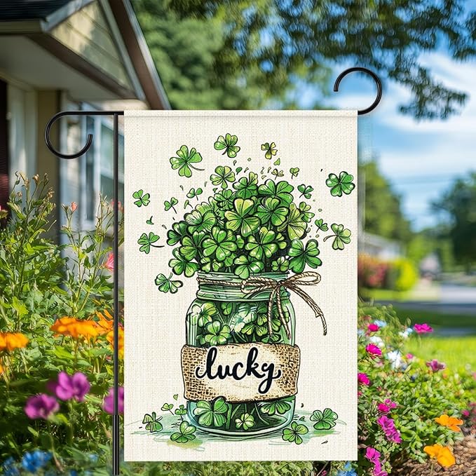 St Patricks Day Garden Flag 12x18 Inch Double Sided,Shamrocks Lucky Outdoor Irish Decor House Porch Flag for St Patrick's Day Party and Yard Decorations
