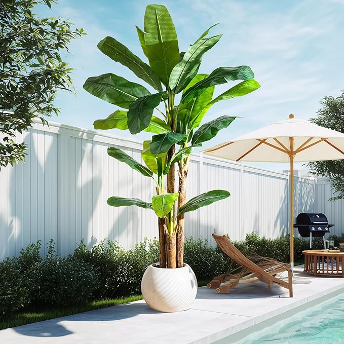 Artificial Banana Tree 8.2ft, Faux Tropical Palm Tree Plant with Realistic Leaves, Low Maintenance Indoor Outdoor Decor for Home Office Porch, in Nursery Pot