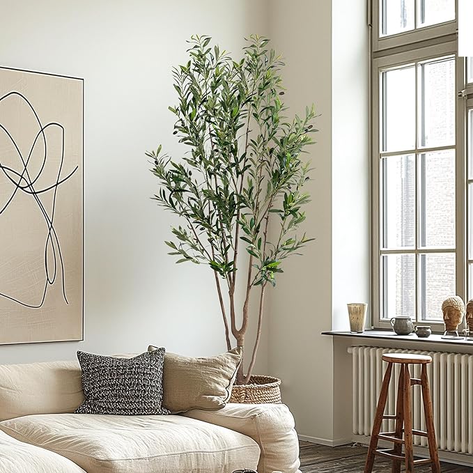 Erimda 7FT Artificial Olive Tree Tall Faux Silk Plant Tall Faux Olive Tree with Natural Wood Trunk & Lifelike Fruits Fake Potted Tree or Home Office Decor