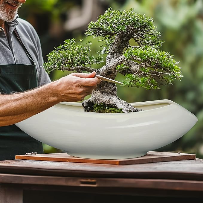 Teagas Bonsai Pots 18 Inch - Ceramic Succulent Pots with Drainage Hole Decorative Plant Pot Indoor Large Outdoor Planter Modern Flower Pot for Home Garden Room Decor Gray