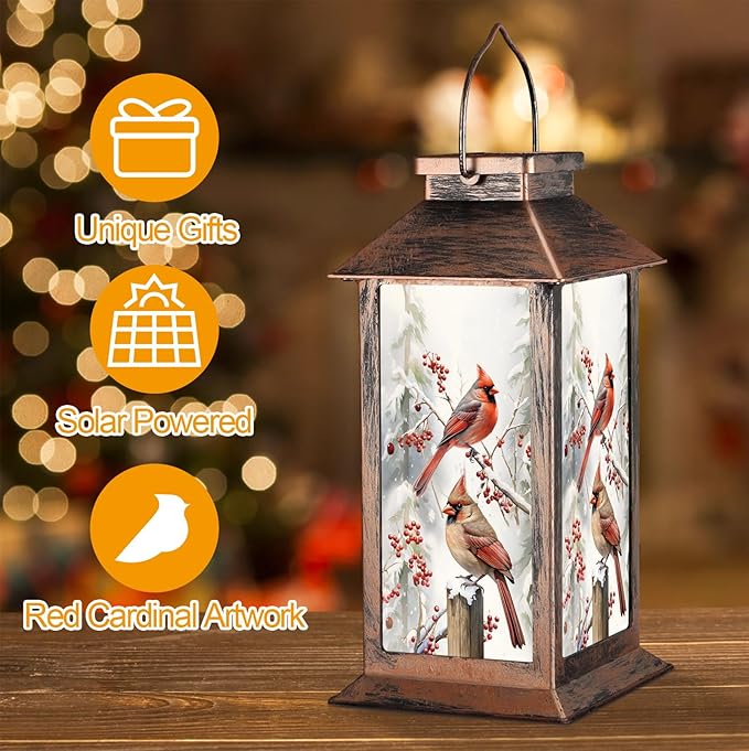 Solar Lanterns with Cardinal Theme Outdoor Waterproof Decorative Lights for Garden Birthday Gifts for Women, Mom, and Grandma Solar LED Hanging Lights for Yard, Patio, Lawn, and Porch(Snow Scene)