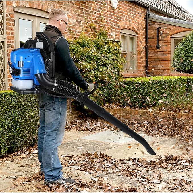 75.6CC Backpack Leaf Blower, 750CFM 205MPH 4-Stroke Engine Gas Leaf Blower Back Pack Leaf Blowers Gas Leaf & Snow Blower for Lawn, Garden & Commercial Use Blue BBX9900