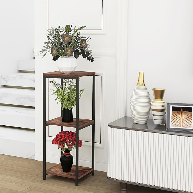 CASIMR Plant Stand for Indoor, Tall Metal Shelf with Square Wooden Board, 3 Tier Display Rack for Multiple Plants, 32 Inch Tiered Flower Pot Holder for Corner Living Room Balcony Garden Patio