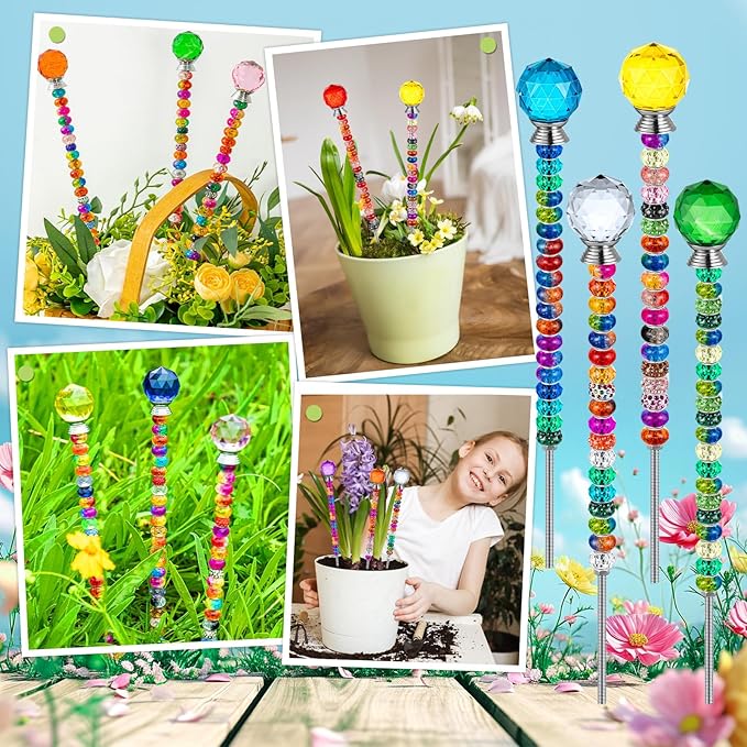 230 Pcs Beaded Garden Stakes, DIY Fairy Wand Garden Stake Beads Kits with 200 Colorful Assortment Round Large Hole Beads with 10 Round Stopper Top, 10 Threaded Rod and 10 Nuts for Outdoor Decoration