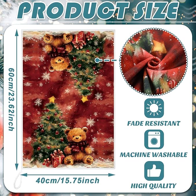 Bencailor 16 Pcs Christmas Kitchen Towels Xmas Holiday Hand Dish Towels Vintage Bear Tea Dishcloths for Christmas Holiday Kitchen Bathroom Home Decor Gifts, 16 x 24 Inch