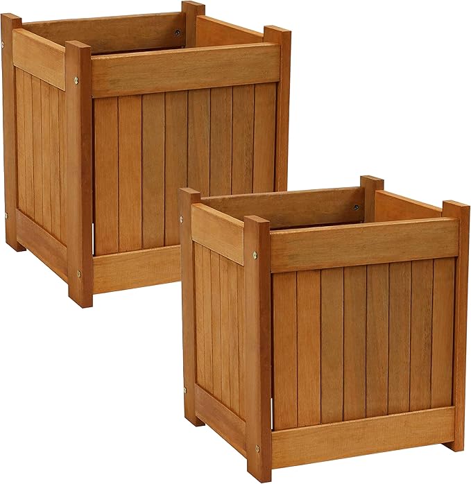 Sunnydaze 16-Inch Meranti Wood Planter Boxes for Outdoor Plants - Square Large Planter Boxes with Teak Oil Finish - Set of 2