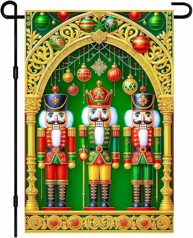 IVN Christmas Nutcracker Garden Flag 12x18 Inches Double Sided Holiday Yard Decor Gold Arch Ornaments Outdoor Garden Porch Lawn Patio
