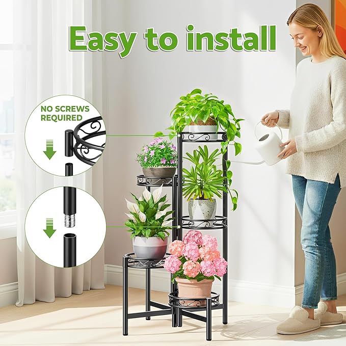 NQW Metal Plant Stand Indoor Outdoor, 5 Tier 5 Potted Multiple Plant Shelf Stands, Wrought Iron Flower Holder Shelf, Folding Tall Rack Shelf for Patio, Balcony, Corner Living Room - BlackCircle