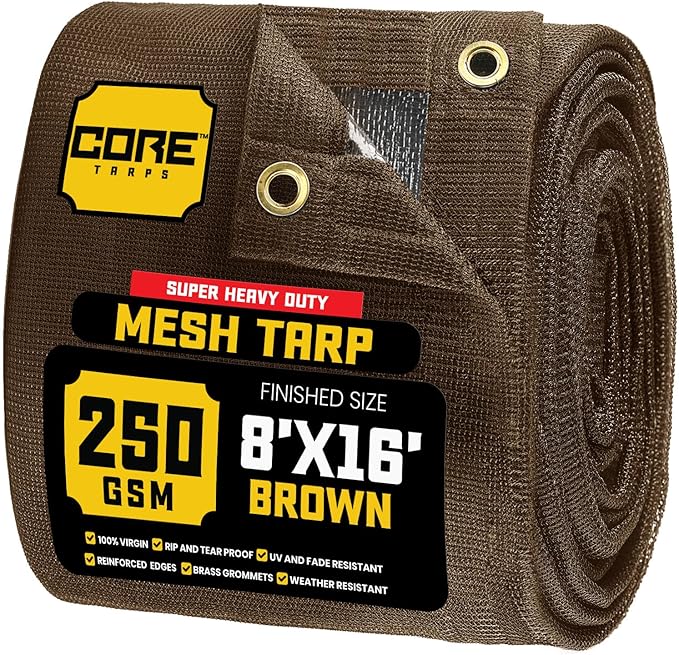 Core Tarps 60% Brown Shade Cloth with Grommets - 8 X 16 FT Heavy Duty Mesh Tarp - Sun Shade Cloth for Garden Vegetables Plants Greenhouse Outdoors Backyard Fences Dump Trucks Patio Mesh Shade Tarp