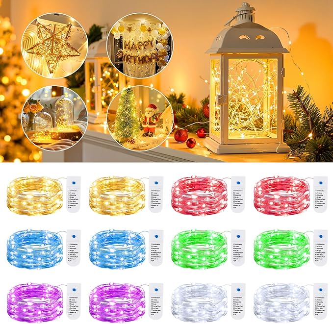 Minetom 12 Pack Fairy Lights Battery Operated String Lights 8 Modes, 7ft 20LED 6 Colors Waterproof Silver Wire Twinkle Lights, Firefly Starry Moon Lights for Mason Jars DIY Christmas Wedding Party