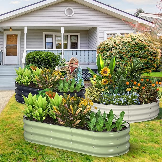 Kesfitt Raised Garden Bed, 5x2x1 FT Galvanized Steel Metal Raised Garden Bed, Oval Open-Bottom Design, 12-Inch Deep for Outdoor Vegetable & Herb Gardening, Silver