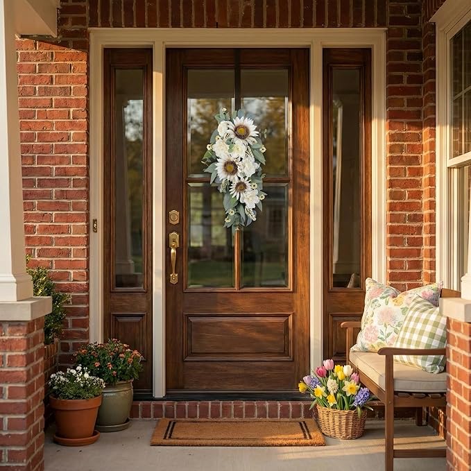 Summer Swag - 28” Sunflower, Peony, Rose Teardrop Swag for Front Door, Porch Wall, Window - Artificial White Flowers Teardrop Wreath for Home Spring, Summer, Fall, All Seasons, Everyday Decor (1)