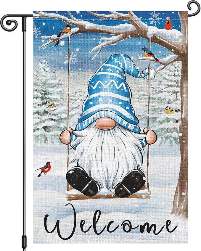 Louise Maelys Winter Garden Flag Gnome Welcome Bird Cardinal Tree 12x18 Inch Double Sided Snowy Swing Christmas Xmas Holiday Seasonal Small Burlap Yard Sign Outdoor House Decor