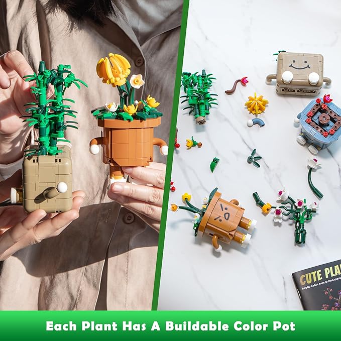 BeepZipp 4-Pot Interchangeable Botanicals Building Kit - Creative Spinning Plant Building Toys with DIY Faces, Mini Desk Decor & Fun Gift for Teens Adults (Orchid, Bamboo, Plum, Chrysanthemum)