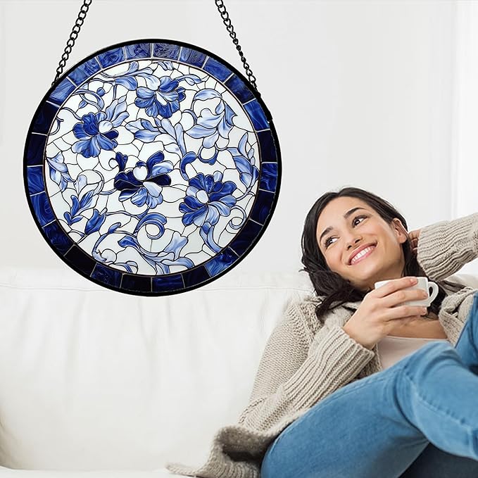 AMDERVEN Stained Glass Window Hanging, Blue and White Abstract Flowers Sun Catcher for Door Home Decor Suncatcher Christmas Mother's Day Birthday Gifts for Women Men Mom and Nana 11.8 in