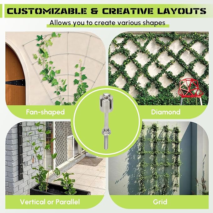 Wire Trellis for Climbing Plants Outdoor, 20-Set Wall Wire Trellis Kit with 1/8" x 98ft Stainless Steel Cable and Cutter, T316 Espalier System for Fence Garden DIY on Brick Concrete Wood Walls