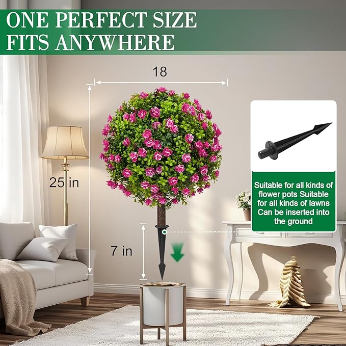 25" Artificial Boxwood Topiary Ball Trees with RoseFlowers, Set of 2 UV Resistant No Fade Outdoor Faux Plants with Ground Spike, Fake Shrubs for Garden, Patio, Porch, Yard, Indoor