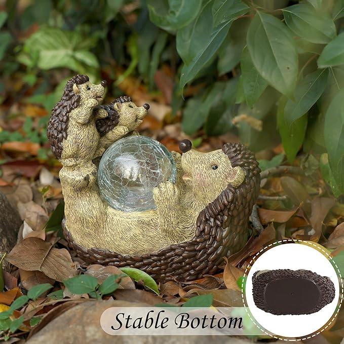 SOFFEE GARDEN Solar Hedgehog Statue with Ball Lamp, 9x5x9 Inch Outdoor Garden Decor, Cute Resin Animal Figurine for Yard Pathway & Patio Lighting