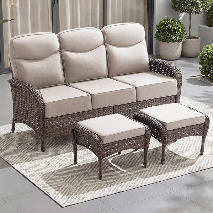 Outdoor Patio Sofa Set (3pcs) with High-Back Design—Thickened Cushions, Sofa Footstool, Patio Set, All-Weather Wicker Patio Furniture Set, Suitable for Balconies and Patios, Available in Brown/Beige