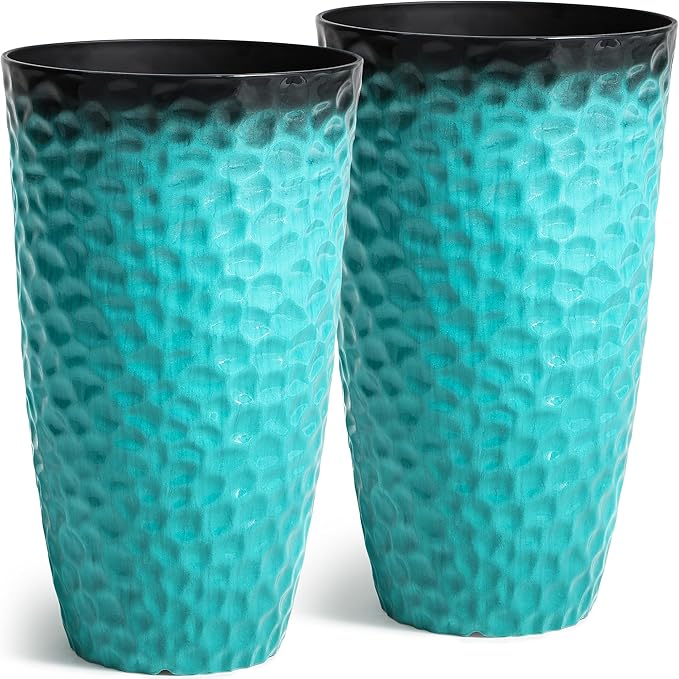 Ultym 23.75" H Large Tall Outdoor Planters, Set of 2 Plastic Large Flower Pots for Outdoor Plants, with Turquoise Teal Honeycomb Texture, Weather-Resistant for Porch, Garden, Patio or Indoor Use