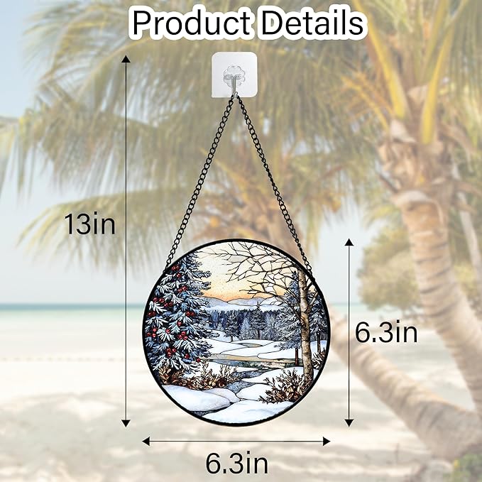 DASTOLL Stained Glass Window Hanging, Winter Snow Landscape Suncatcher Diamond Glass Panel Sun Catchers Decor for Birthday for Women, Men, Wife, Aunt, and Mom 6.3x6.3 in